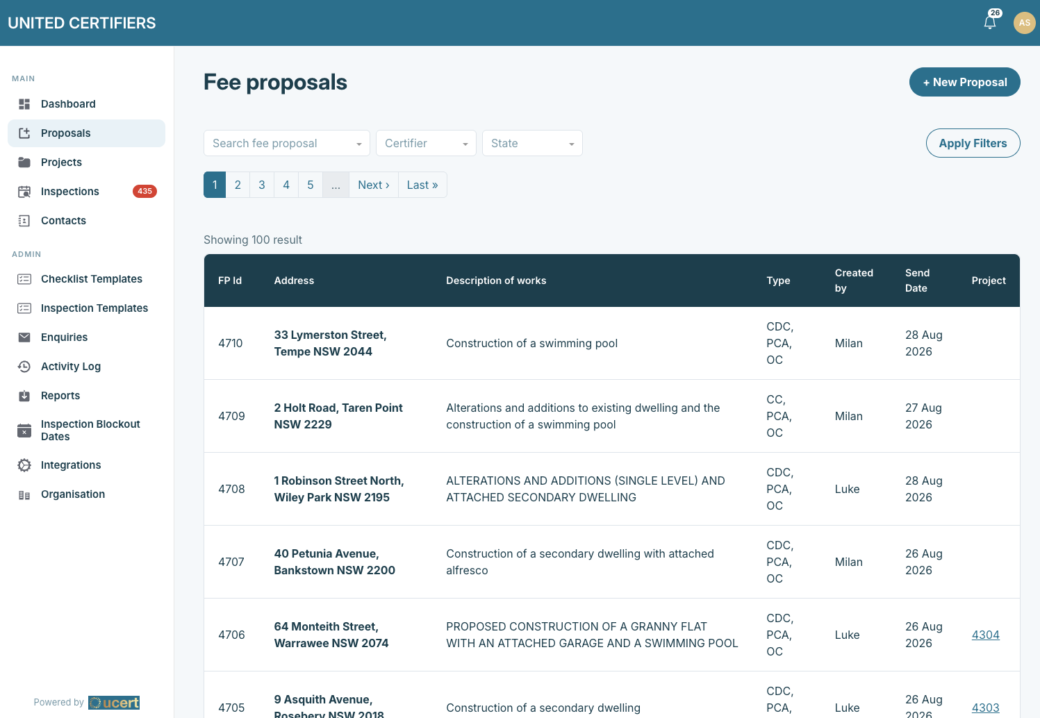 Fee proposal screen